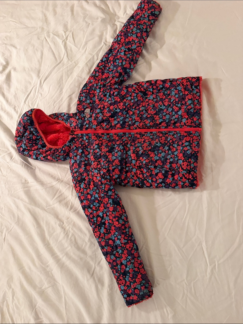 The North Face Kids Floral Hooded Puffer Jacket - Navy, Pink & Blue
